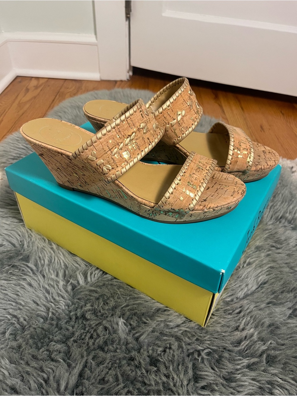 Jack Rogers Cork Wedge Slide Sandals with Gold Fleck